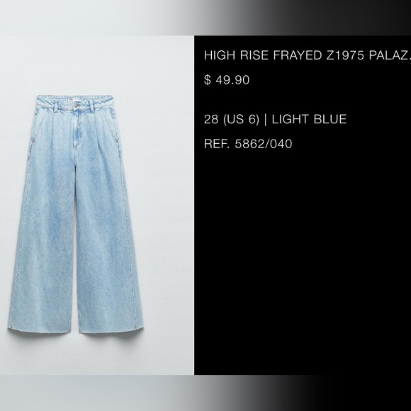 ZARA High Rise Wide Leg Frayed Palazzio Jean
Size 28 ( US 6) Light blue - Picture 3 of 8